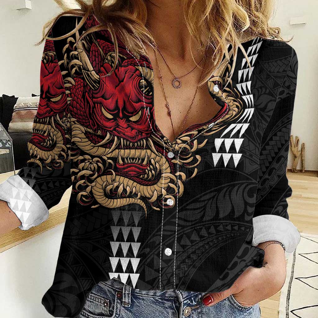 Hawaii and Japanese Oni Mask Personalised Women Casual Shirt Kakau Pattern Dark Art Style