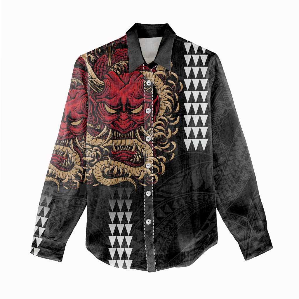 Hawaii and Japanese Oni Mask Personalised Women Casual Shirt Kakau Pattern Dark Art Style