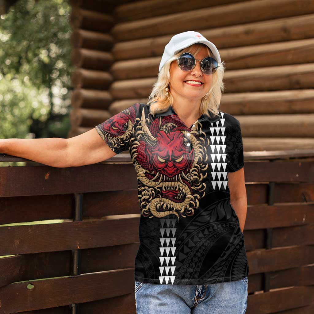 Hawaii and Japanese Oni Mask Personalised Women Polo Shirt Kakau Pattern Dark Art Style