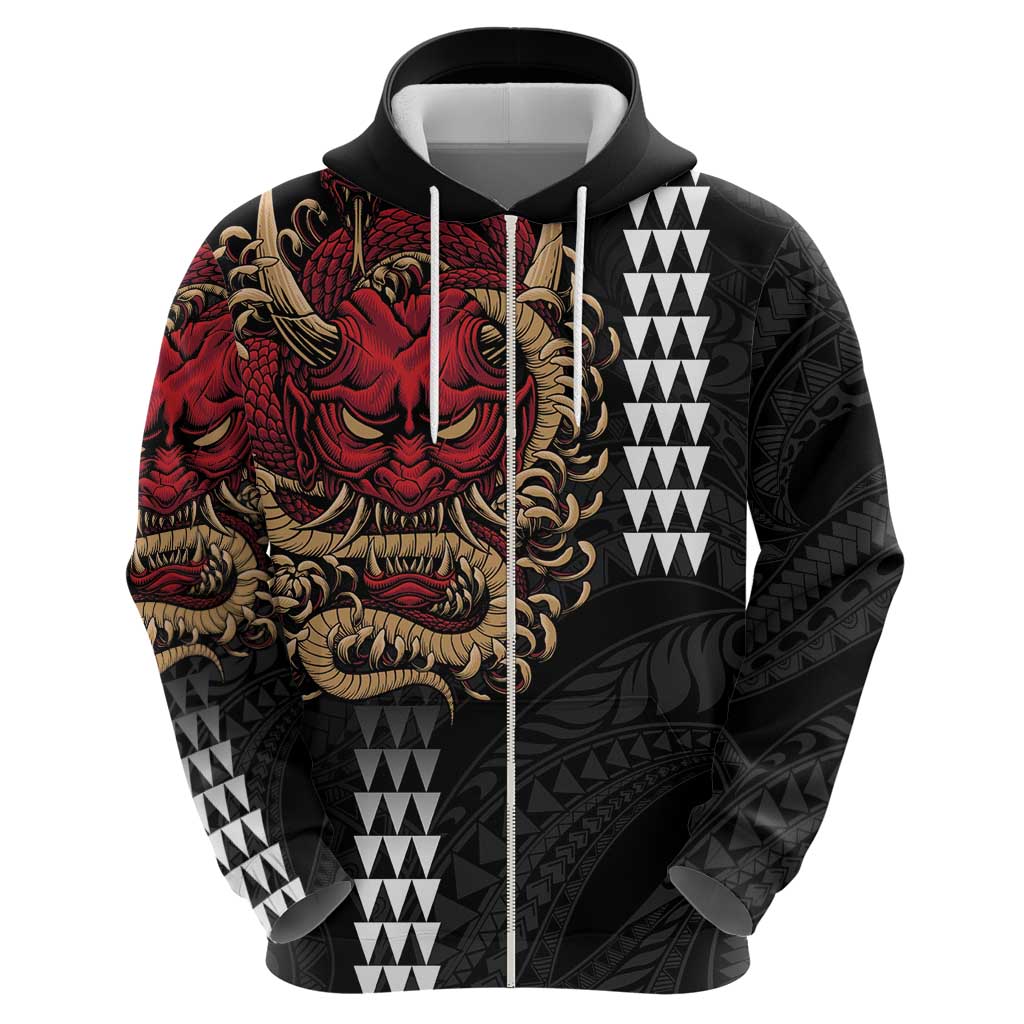 Hawaii and Japanese Oni Mask Personalised Zip Hoodie Kakau Pattern Dark Art Style