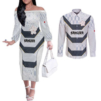 Japan Pacific Rugby 2022-23 Custom Couples Matching Off The Shoulder Long Sleeve Dress and Long Sleeve Button Shirt Black Sakura Japanese Wave Pattern