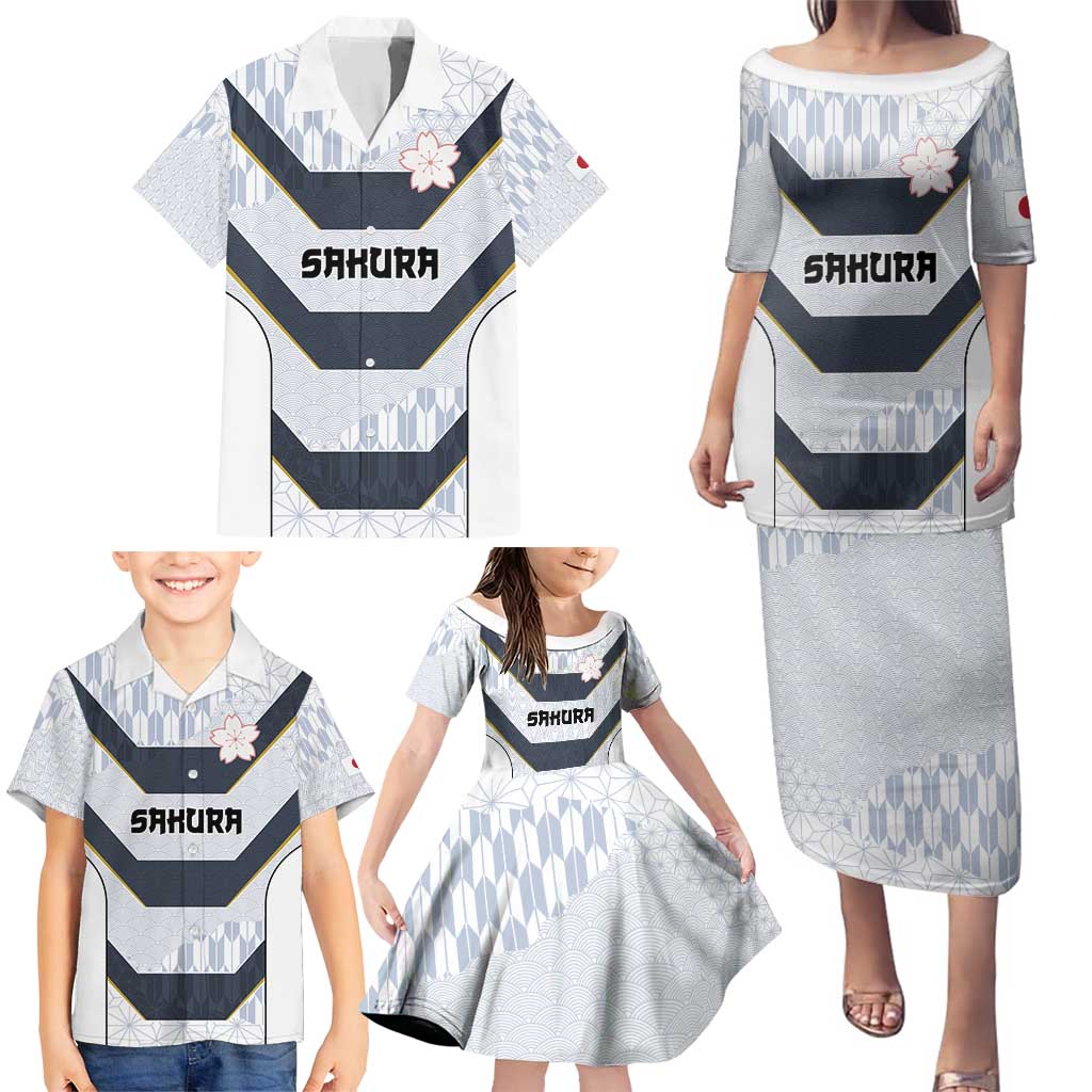 Japan Pacific Rugby 2022-23 Custom Family Matching Puletasi and Hawaiian Shirt Black Sakura Japanese Wave Pattern