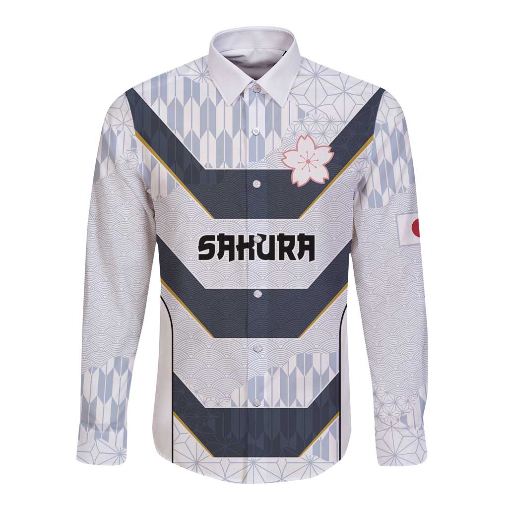 Japan Pacific Rugby 2022-23 Custom Long Sleeve Button Shirt Black Sakura Japanese Wave Pattern