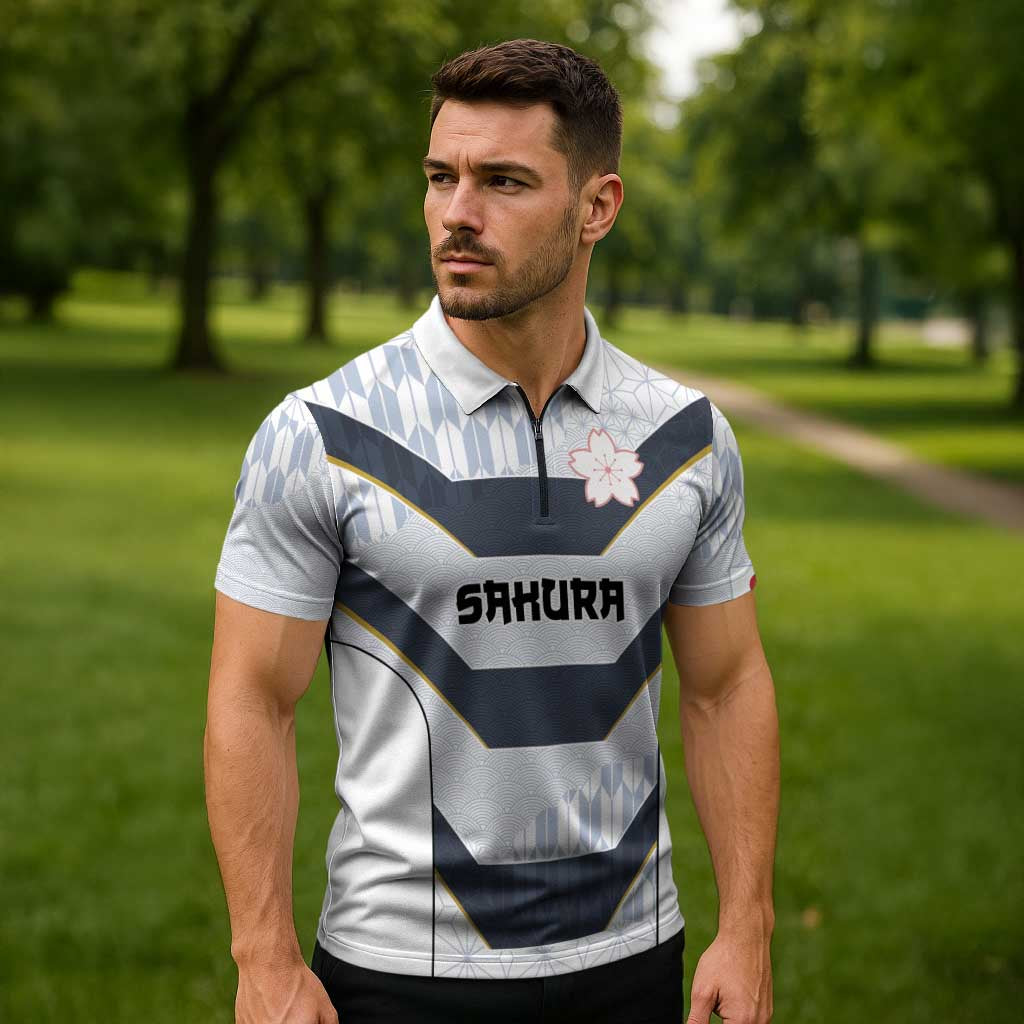 Japan Pacific Rugby 2022-23 Custom Zipper Polo Shirt Black Sakura Japanese Wave Pattern - Polynesian Pride