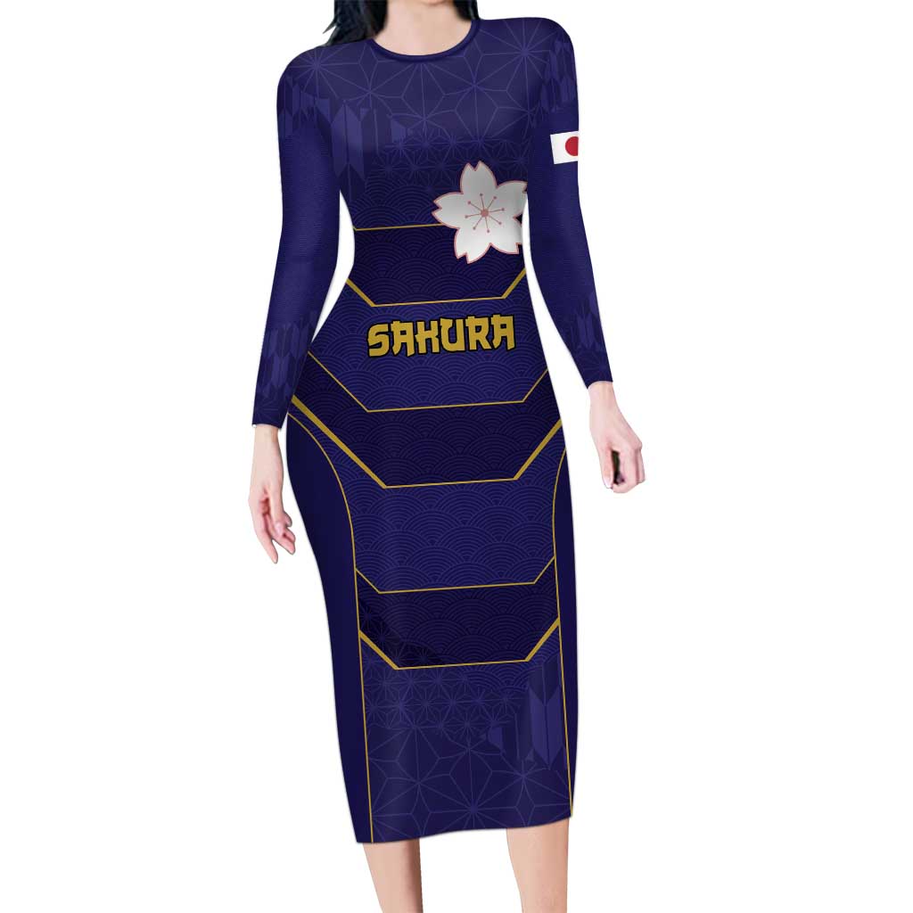 Japan Pacific Rugby 2022-23 Custom Family Matching Long Sleeve Bodycon Dress and Hawaiian Shirt Blue Sakura Japanese Wave Pattern