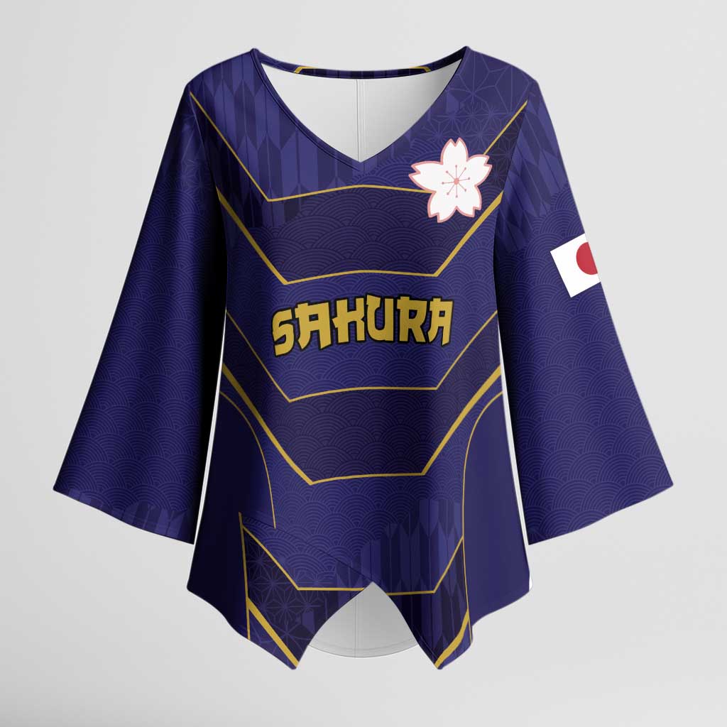 Japan Pacific Rugby 2022-23 Custom Kimono Sleeve Blouse Blue Sakura Japanese Wave Pattern - Polynesian Pride