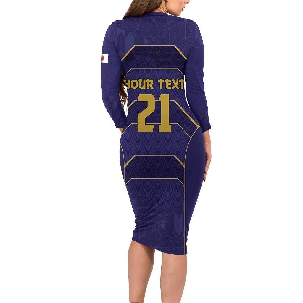 Japan Pacific Rugby 2022-23 Custom Long Sleeve Bodycon Dress Blue Sakura Japanese Wave Pattern