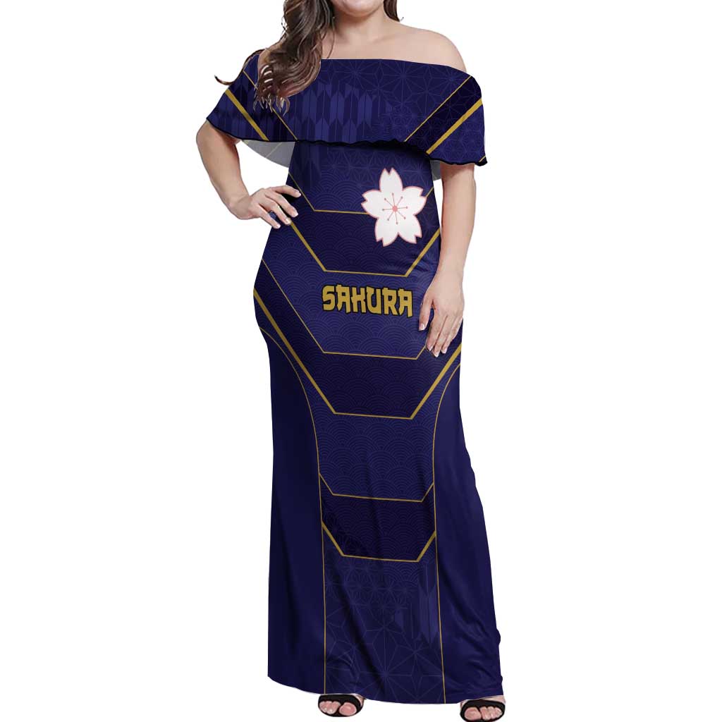Japan Pacific Rugby 2022-23 Custom Off Shoulder Maxi Dress Blue Sakura Japanese Wave Pattern