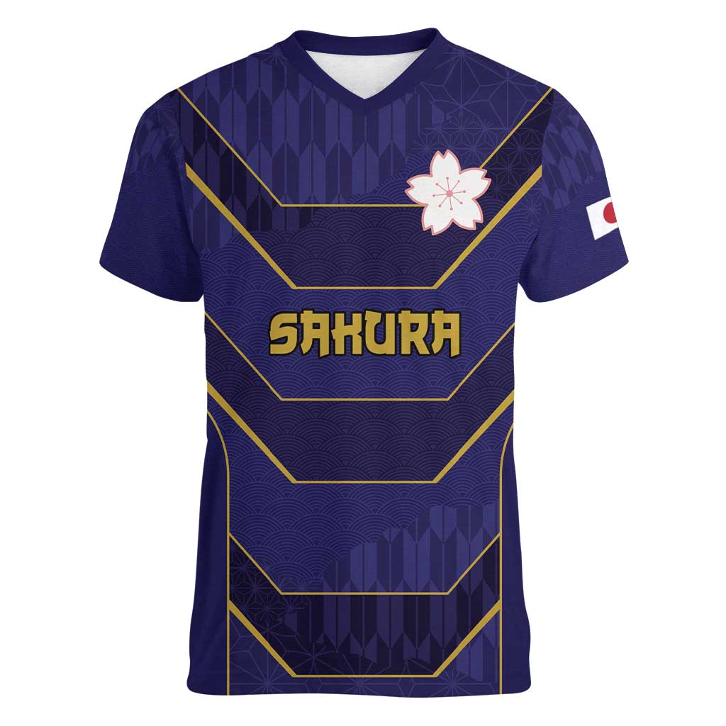 Japan Pacific Rugby 2022-23 Custom Women V-Neck T-Shirt Blue Sakura Japanese Wave Pattern