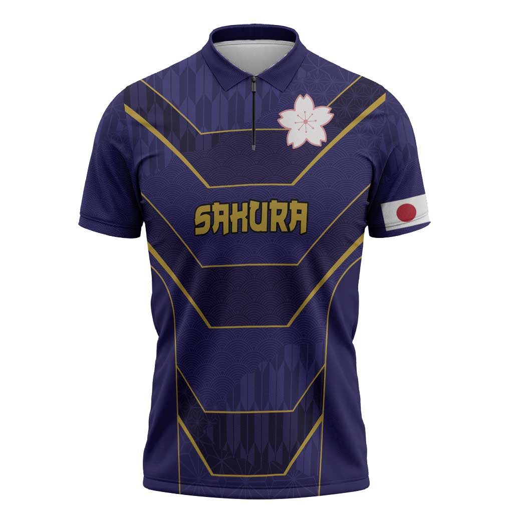 Japan Pacific Rugby 2022-23 Custom Zipper Polo Shirt Blue Sakura Japanese Wave Pattern - Polynesian Pride