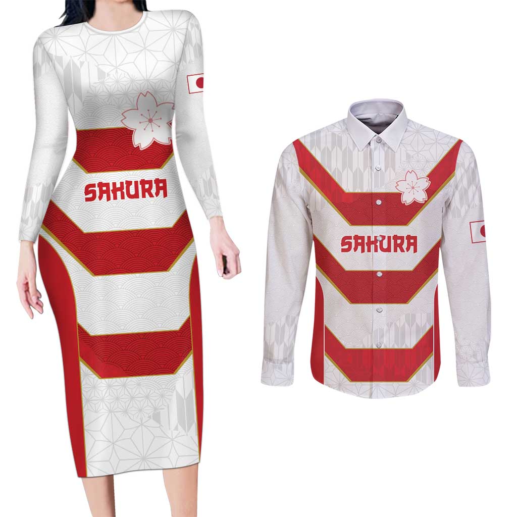 Japan Pacific Rugby 2022-23 Custom Couples Matching Long Sleeve Bodycon Dress and Long Sleeve Button Shirt Red Sakura Japanese Wave Pattern