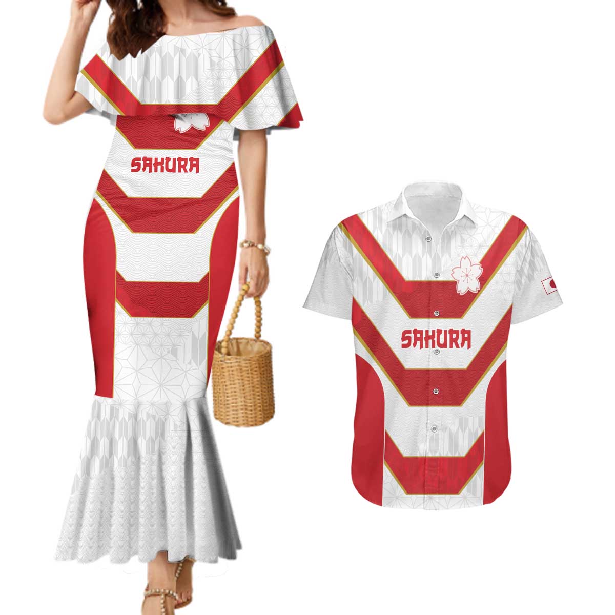 Japan Pacific Rugby 2022-23 Custom Couples Matching Mermaid Dress and Hawaiian Shirt Red Sakura Japanese Wave Pattern