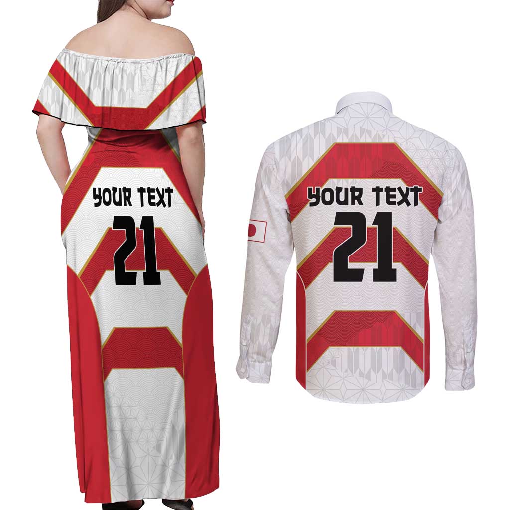 Japan Pacific Rugby 2022-23 Custom Couples Matching Off Shoulder Maxi Dress and Long Sleeve Button Shirt Red Sakura Japanese Wave Pattern