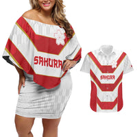 Japan Pacific Rugby 2022-23 Custom Couples Matching Off Shoulder Short Dress and Hawaiian Shirt Red Sakura Japanese Wave Pattern
