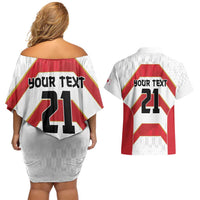 Japan Pacific Rugby 2022-23 Custom Couples Matching Off Shoulder Short Dress and Hawaiian Shirt Red Sakura Japanese Wave Pattern