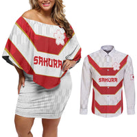 Japan Pacific Rugby 2022-23 Custom Couples Matching Off Shoulder Short Dress and Long Sleeve Button Shirt Red Sakura Japanese Wave Pattern