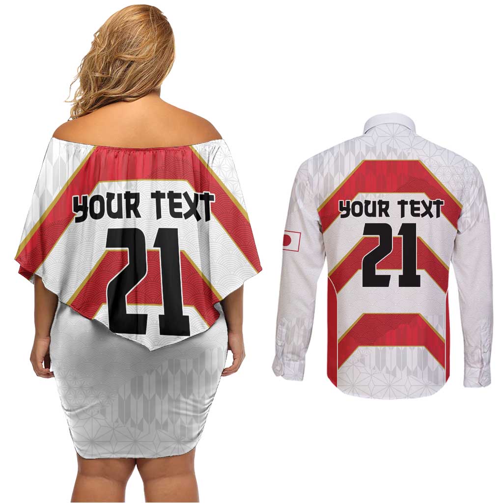 Japan Pacific Rugby 2022-23 Custom Couples Matching Off Shoulder Short Dress and Long Sleeve Button Shirt Red Sakura Japanese Wave Pattern
