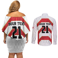 Japan Pacific Rugby 2022-23 Custom Couples Matching Off Shoulder Short Dress and Long Sleeve Button Shirt Red Sakura Japanese Wave Pattern
