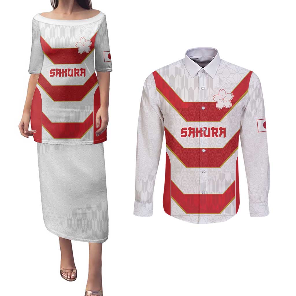 Japan Pacific Rugby 2022-23 Custom Couples Matching Puletasi and Long Sleeve Button Shirt Red Sakura Japanese Wave Pattern