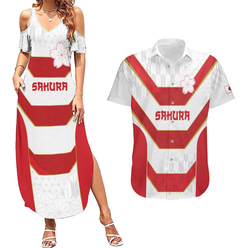 Japan Pacific Rugby 2022-23 Custom Couples Matching Summer Maxi Dress and Hawaiian Shirt Red Sakura Japanese Wave Pattern