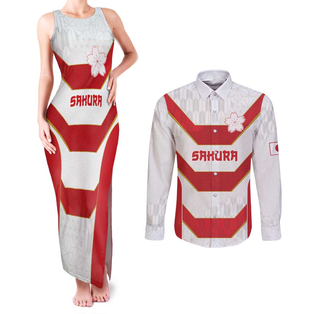 Japan Pacific Rugby 2022-23 Custom Couples Matching Tank Maxi Dress and Long Sleeve Button Shirt Red Sakura Japanese Wave Pattern