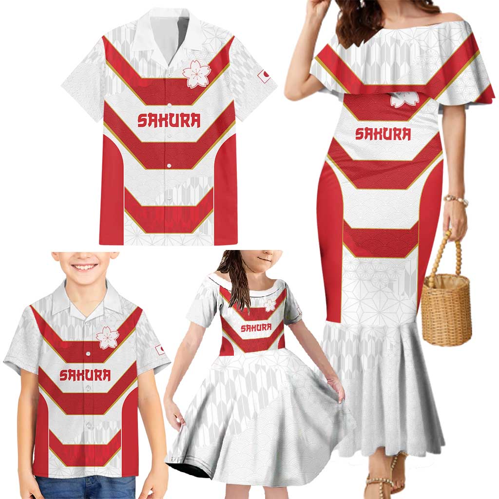 Japan Pacific Rugby 2022-23 Custom Family Matching Mermaid Dress and Hawaiian Shirt Red Sakura Japanese Wave Pattern