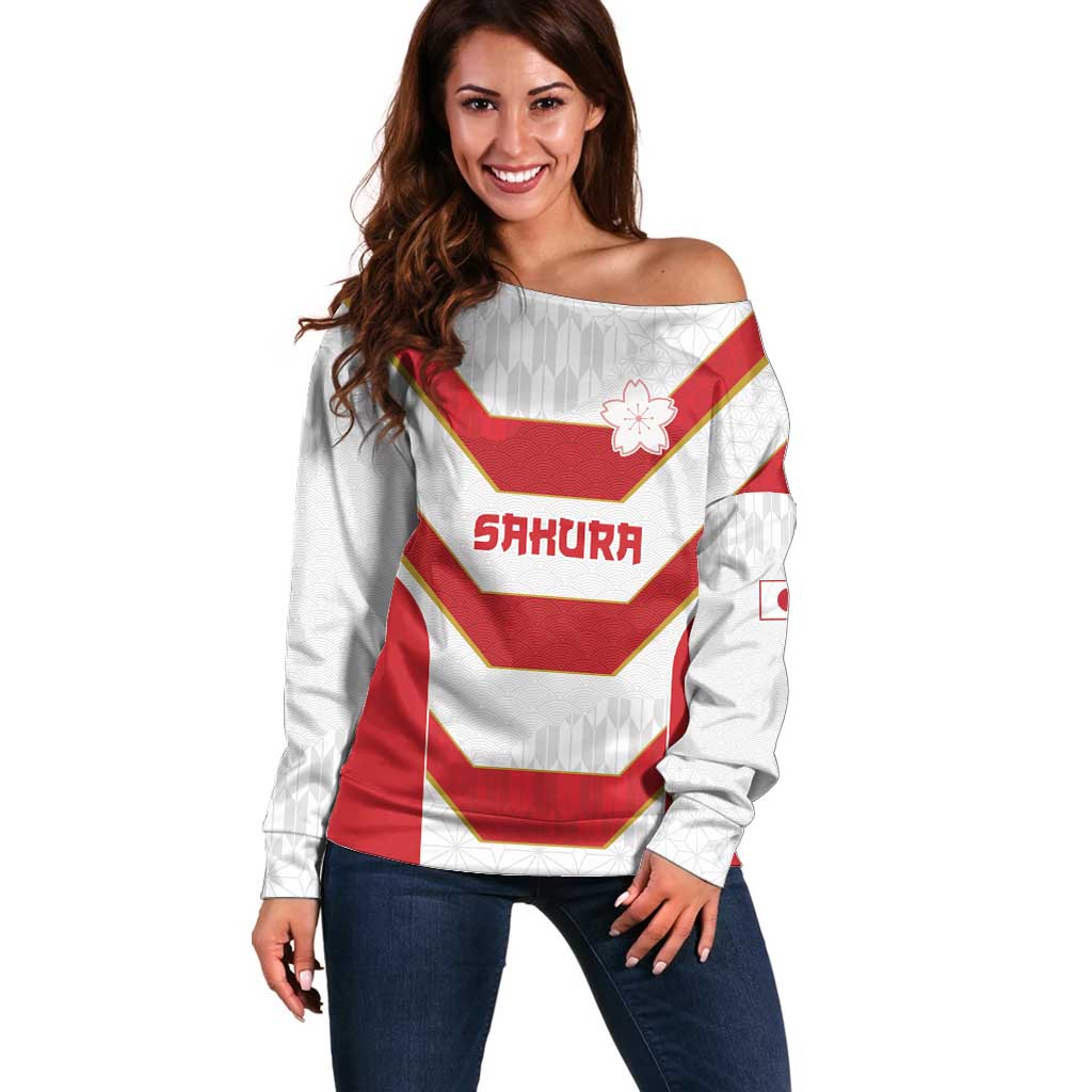 Japan Pacific Rugby 2022-23 Custom Off Shoulder Sweater Red Sakura Japanese Wave Pattern