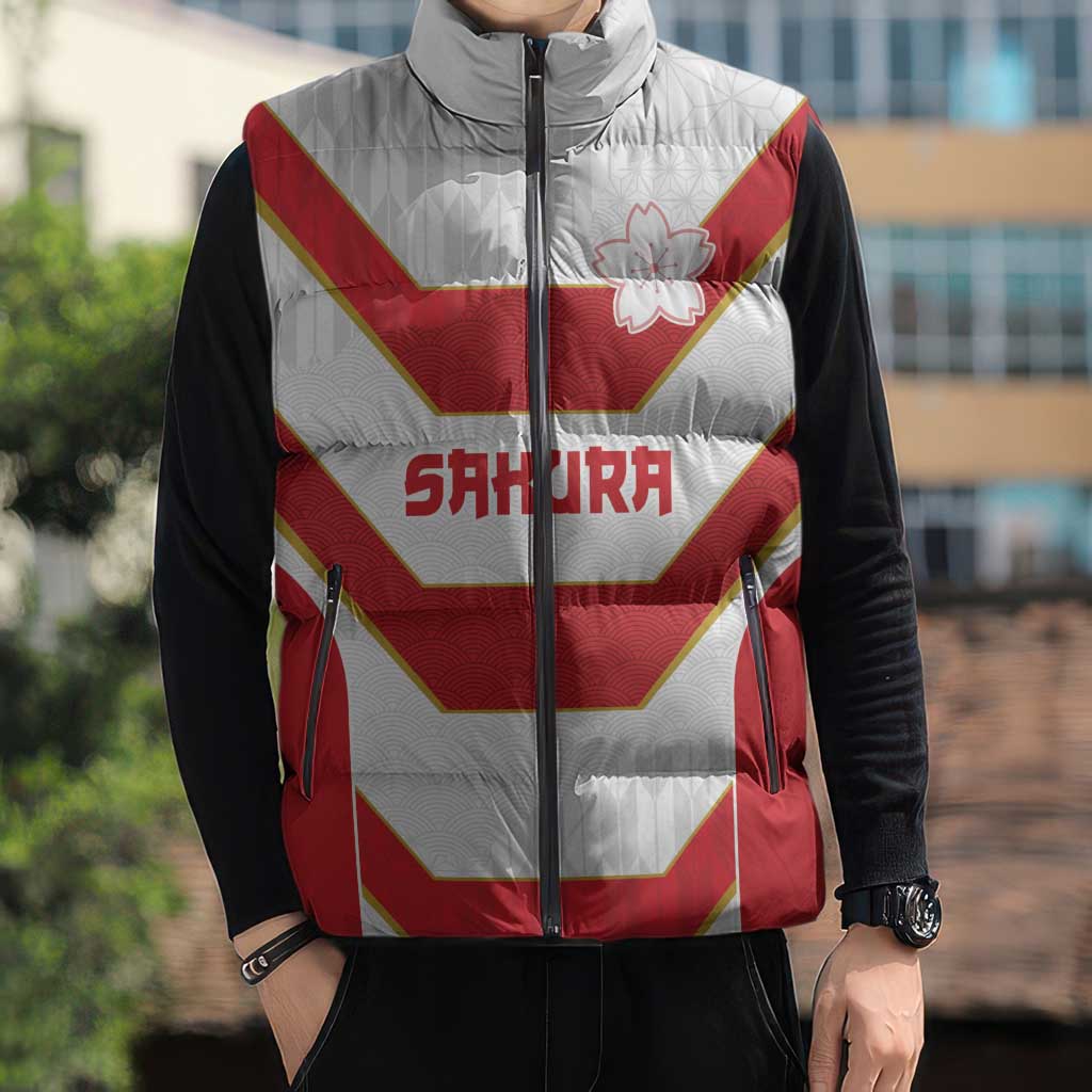 Japan Pacific Rugby 2022-23 Custom Sleeveless Puffer Jacket Red Sakura Japanese Wave Pattern - Polynesian Pride