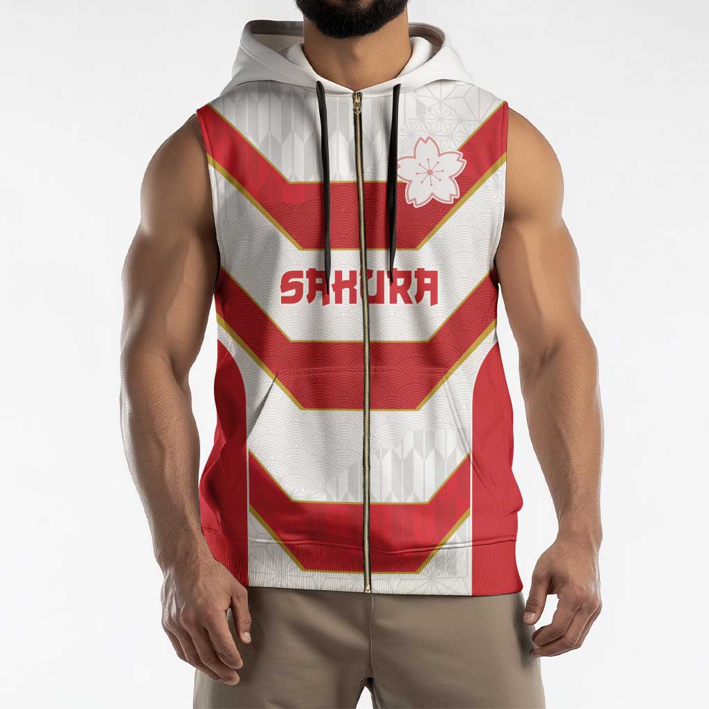 Japan Pacific Rugby 2022-23 Custom Sleeveless Zip Hoodie Red Sakura Japanese Wave Pattern - Polynesian Pride