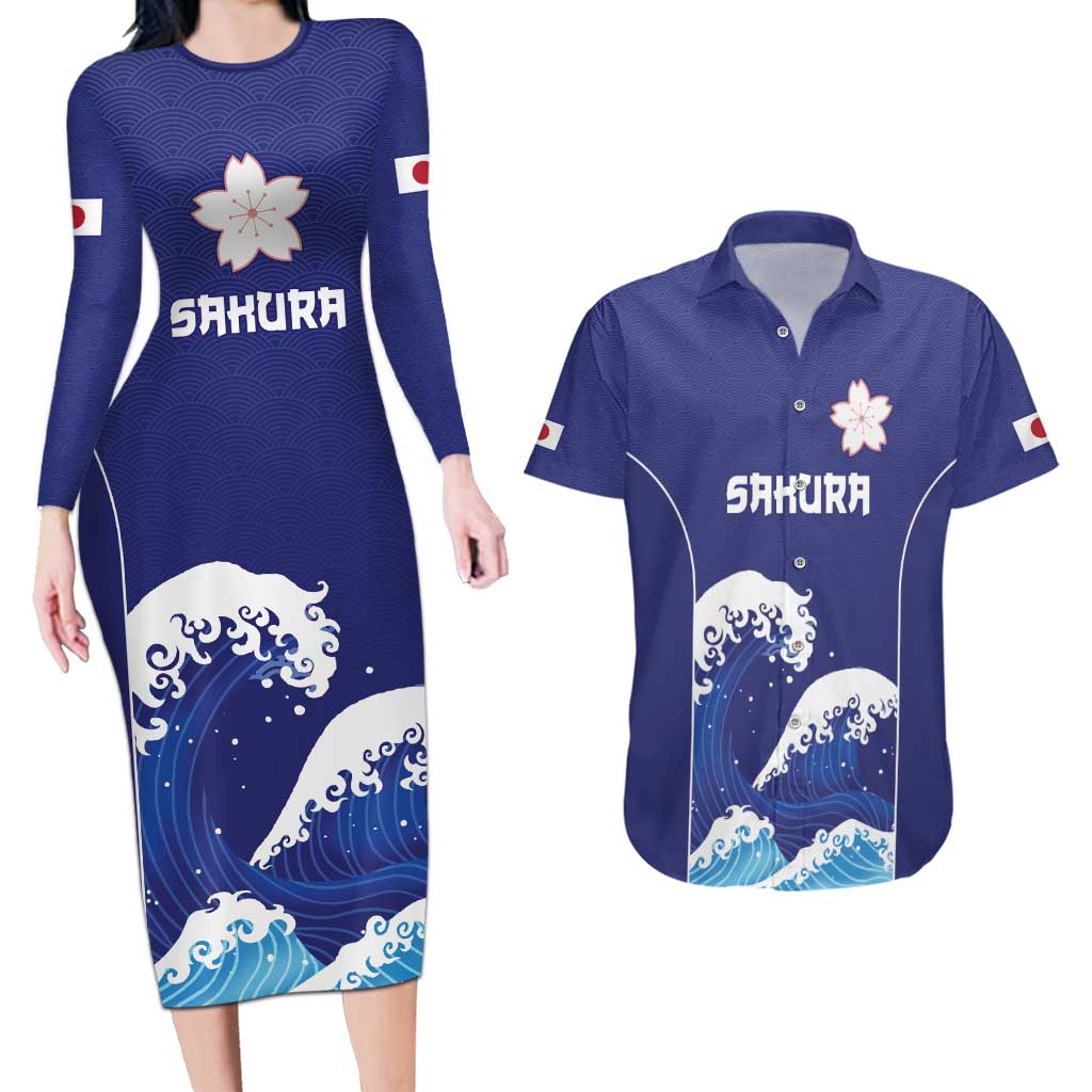 Japan Pacific Rugby Custom Couples Matching Long Sleeve Bodycon Dress and Hawaiian Shirt Go Sakura Japanese Wave Pattern