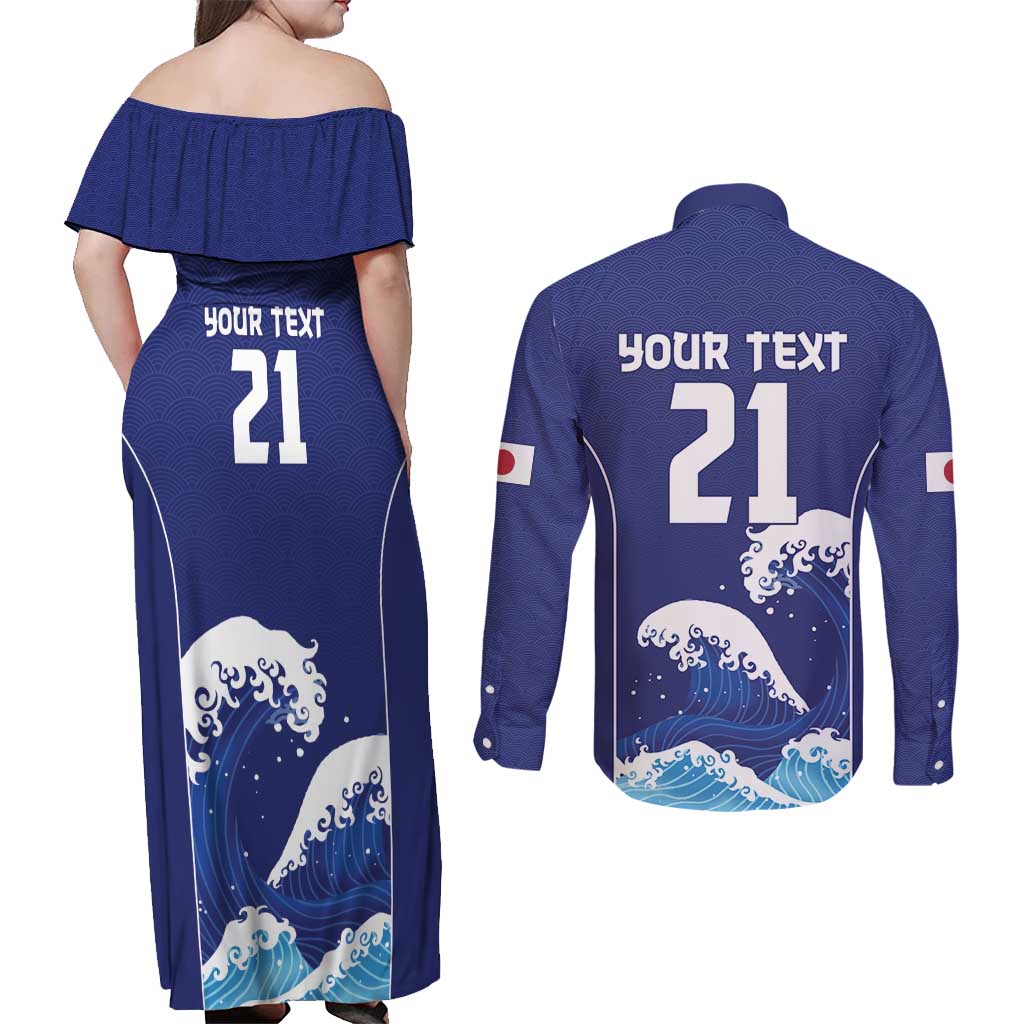 Japan Pacific Rugby Custom Couples Matching Off Shoulder Maxi Dress and Long Sleeve Button Shirt Go Sakura Japanese Wave Pattern