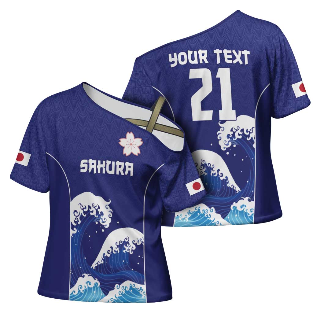 Japan Pacific Rugby Custom Cross Shoulder Shirt Go Sakura Japanese Wave Pattern - Polynesian Pride
