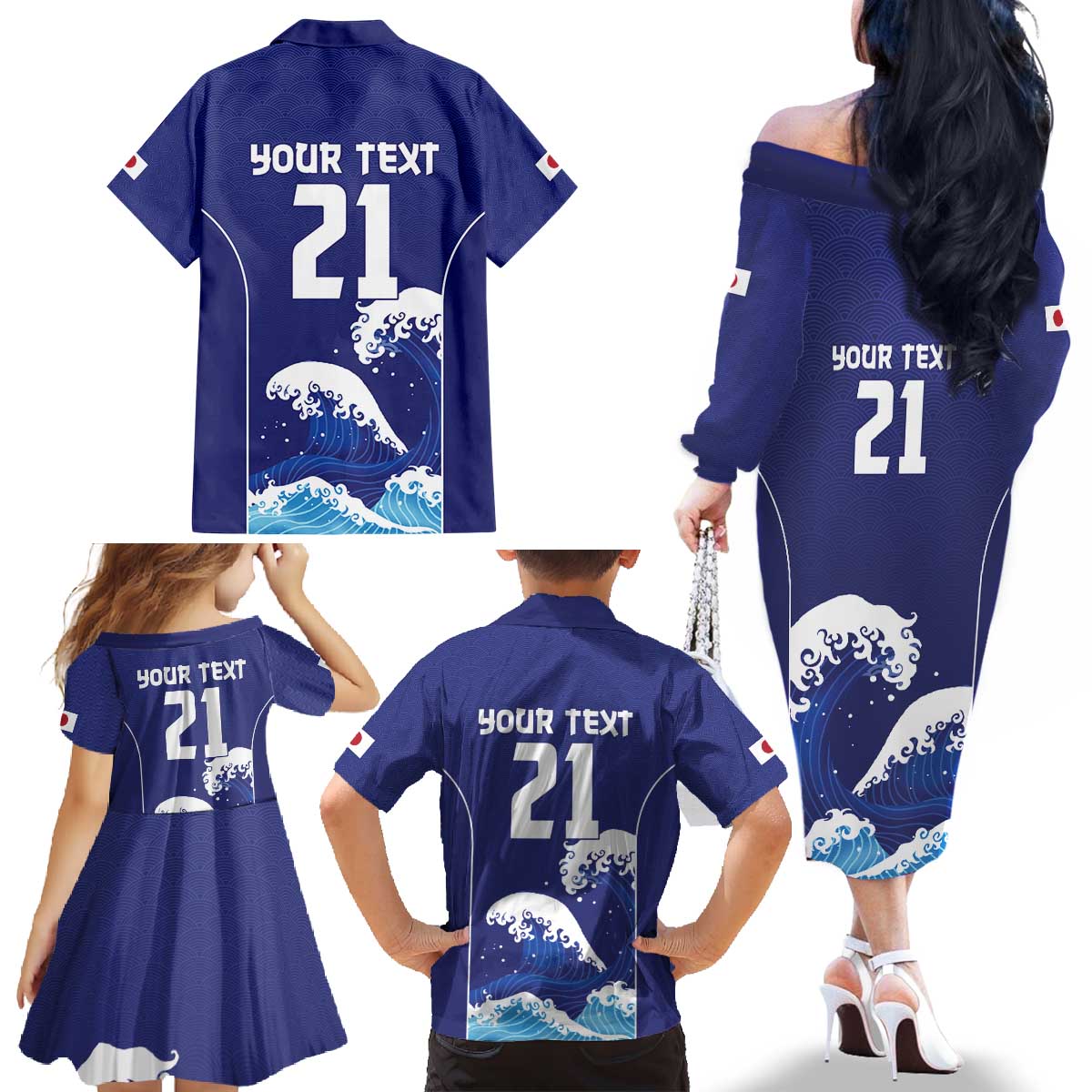 Japan Pacific Rugby Custom Family Matching Off The Shoulder Long Sleeve Dress and Hawaiian Shirt Go Sakura Japanese Wave Pattern