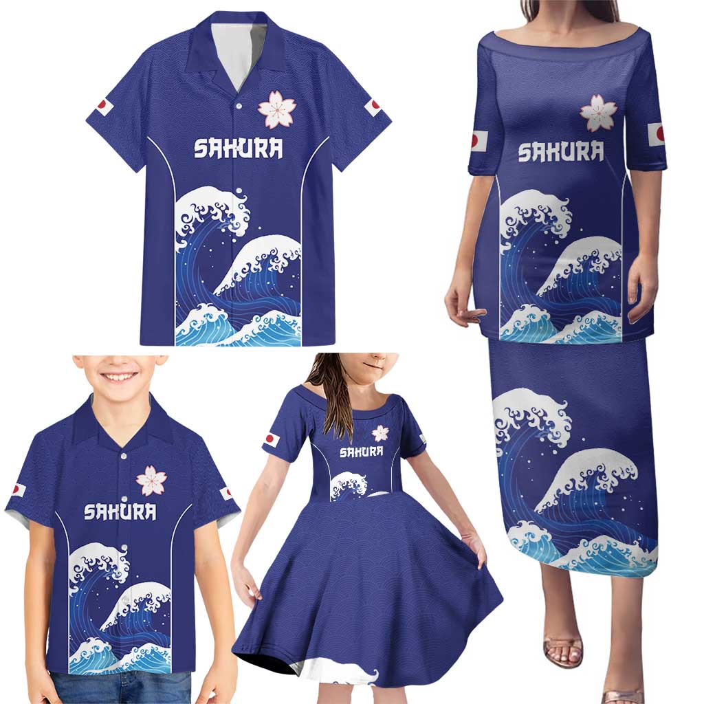 Japan Pacific Rugby Custom Family Matching Puletasi and Hawaiian Shirt Go Sakura Japanese Wave Pattern
