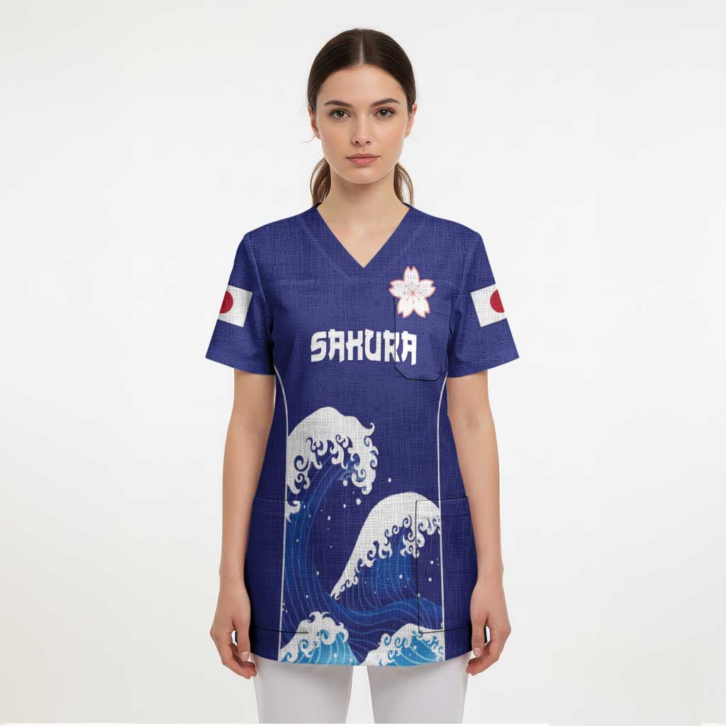 Japan Pacific Rugby Custom Scrub Top Go Sakura Japanese Wave Pattern - Polynesian Pride
