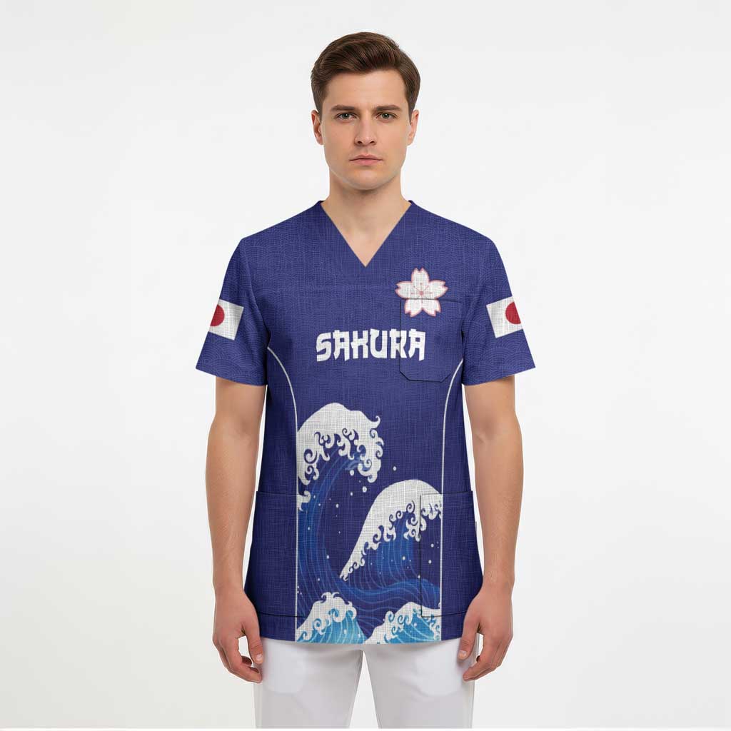Japan Pacific Rugby Custom Scrub Top Go Sakura Japanese Wave Pattern - Polynesian Pride