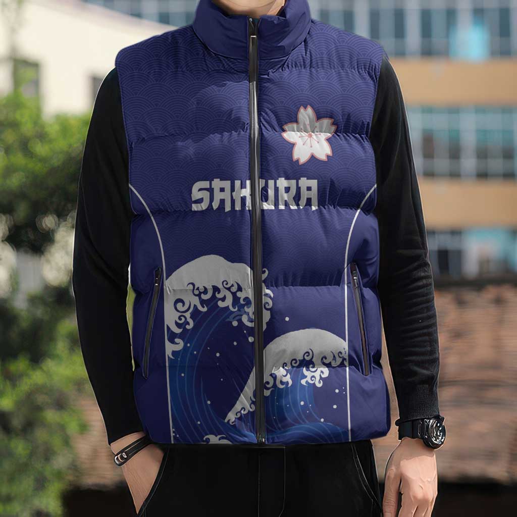 Japan Pacific Rugby Custom Sleeveless Puffer Jacket Go Sakura Japanese Wave Pattern - Polynesian Pride
