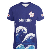 Japan Pacific Rugby Custom Women V-Neck T-Shirt Go Sakura Japanese Wave Pattern