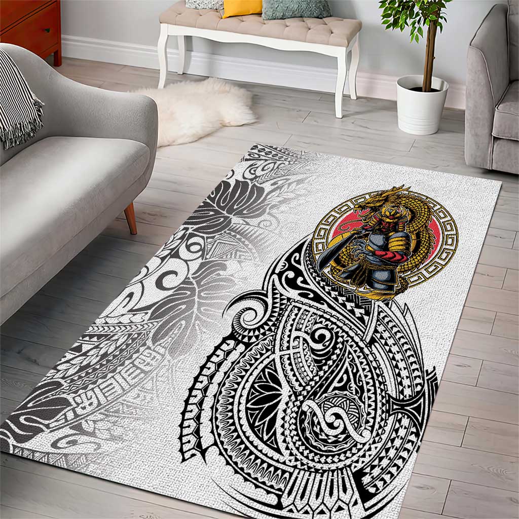 Japanese Samurai Warrior Area Rug White Polynesian Tattoo Style