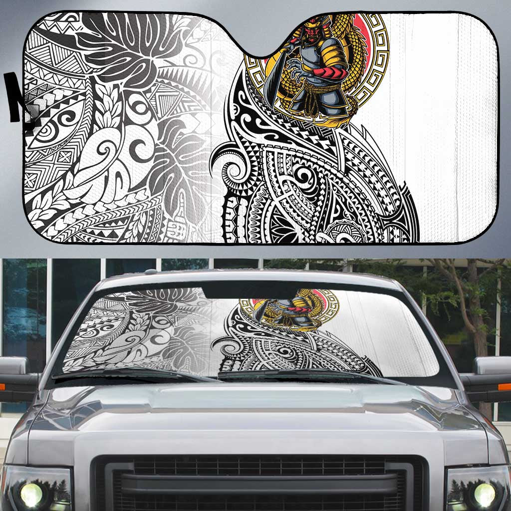 Japanese Samurai Warrior Auto Sun Shade White Polynesian Tattoo Style - Polynesian Pride