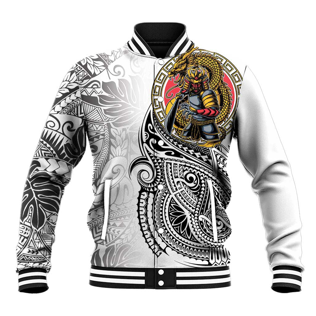 Japanese Samurai Warrior Baseball Jacket White Polynesian Tattoo Style