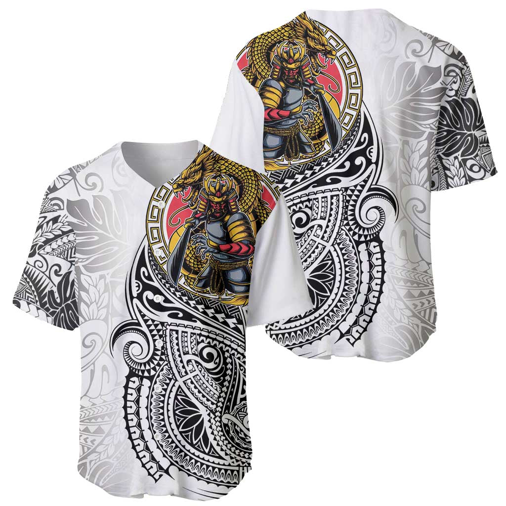 Japanese Samurai Warrior Baseball Jersey White Polynesian Tattoo Style