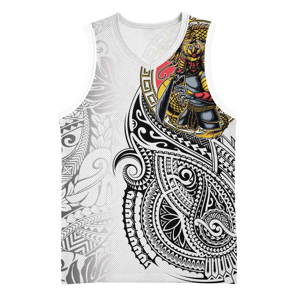 Japanese Samurai Warrior Basketball Jersey White Polynesian Tattoo Style - Polynesian Pride