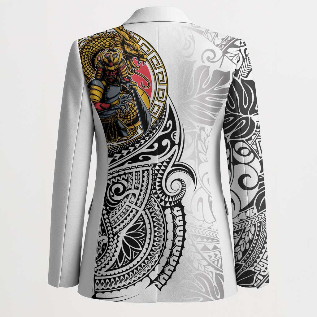 Japanese Samurai Warrior Blazer White Polynesian Tattoo Style - Polynesian Pride