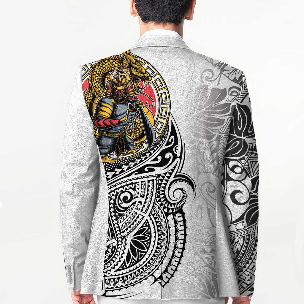 Japanese Samurai Warrior Blazer White Polynesian Tattoo Style - Polynesian Pride