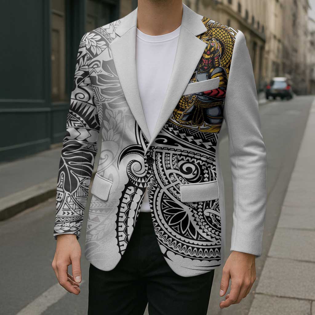 Japanese Samurai Warrior Blazer White Polynesian Tattoo Style - Polynesian Pride