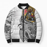 Japanese Samurai Warrior Bomber Puffer Jacket White Polynesian Tattoo Style - Polynesian Pride