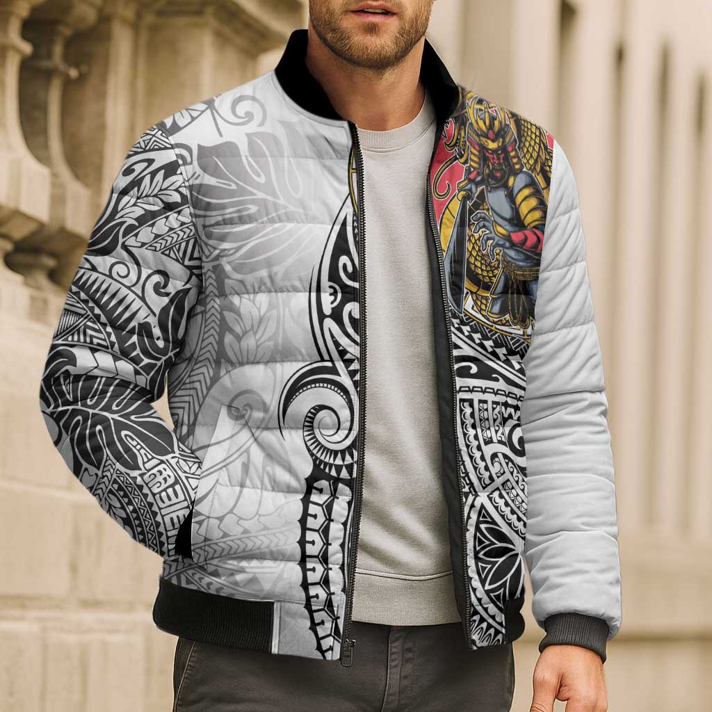 Japanese Samurai Warrior Bomber Puffer Jacket White Polynesian Tattoo Style - Polynesian Pride