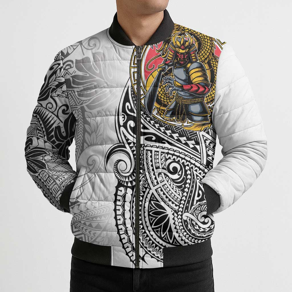 Japanese Samurai Warrior Bomber Puffer Jacket White Polynesian Tattoo Style - Polynesian Pride