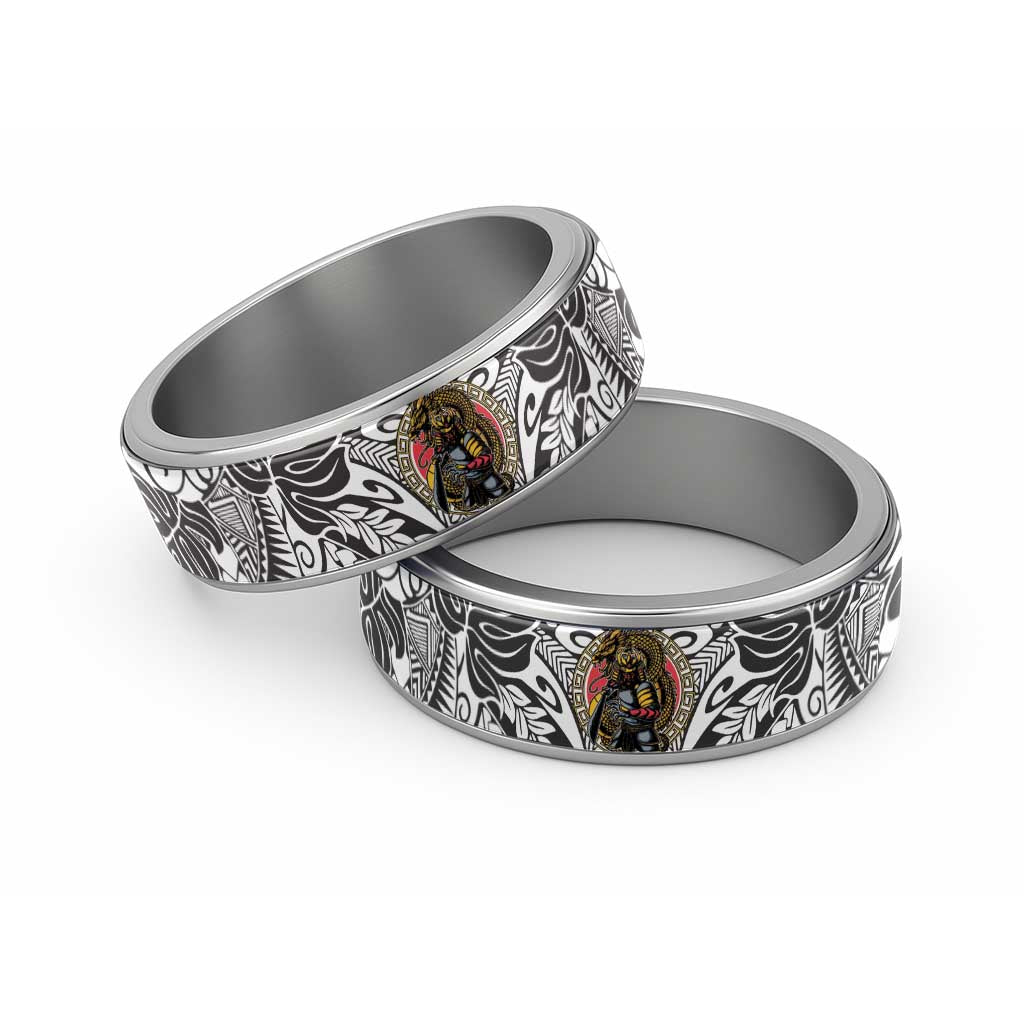 Japanese Samurai Warrior Classic Ring White Polynesian Tattoo Style - Polynesian Pride